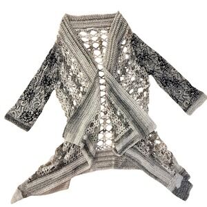 ALBERTO MAKALI Open Front‎ Crochet Lace Cardigan Artsy Boho Gray White Size M